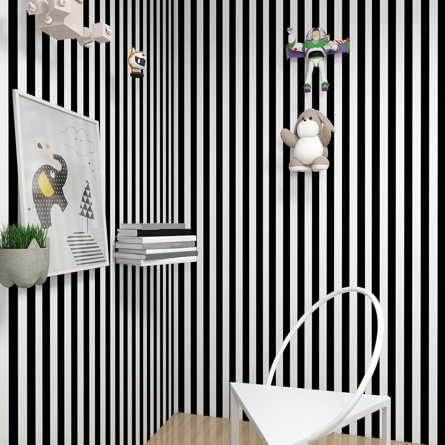 White Striped Wallpaper " Removable Striped Peel and Stick Wallpaper Waterproof / Black / 17.3 x 120