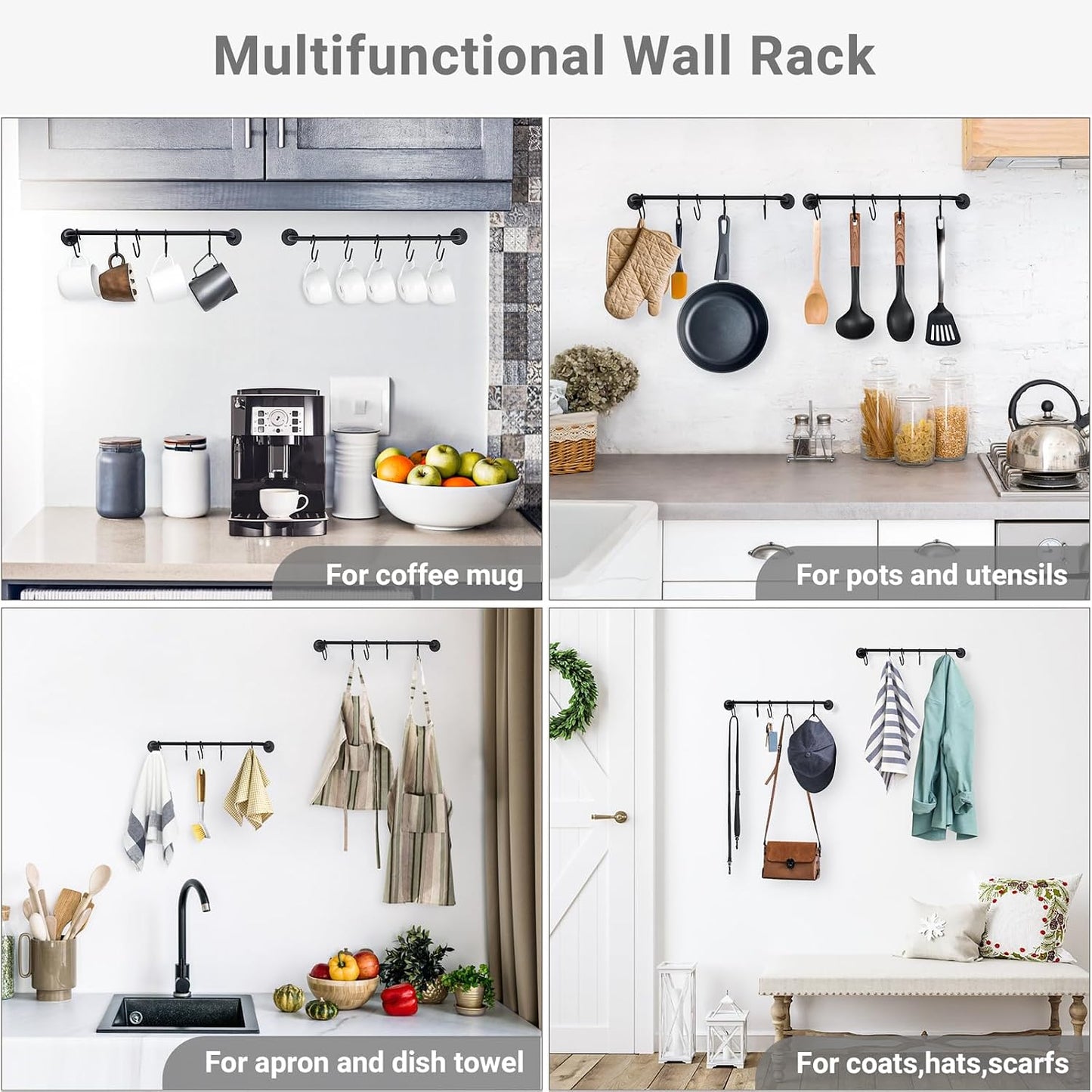 Mkono Mug Holder Wall Mounted Coffee Cup Rack Hanger Modern Metal Wall Rack with 15 Mug Hooks Rustic Utensil Tea Cups