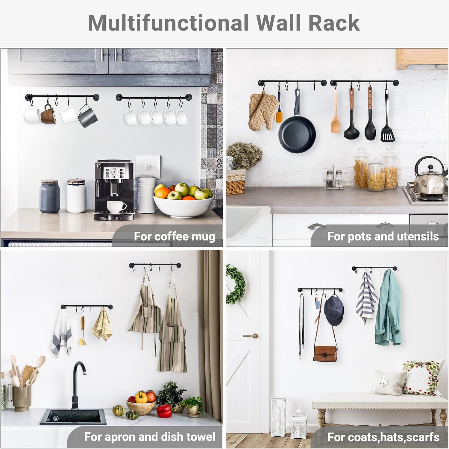Mkono Mug Holder Wall Mounted Coffee Cup Rack Hanger Modern Metal Wall Rack with 15 Mug Hooks Rustic Utensil Tea Cups