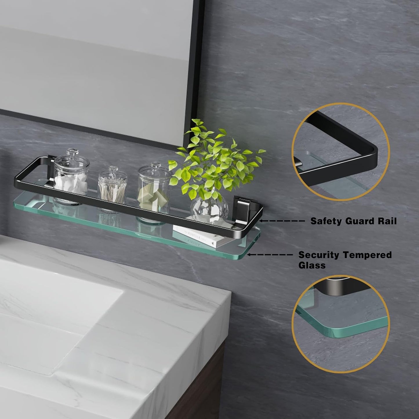 Bathroom Wall Shelf 15.7in Bathroom Glass Shelves Wall Mount Glass Shelf Rustproof Bathroom Wall Organizer 3 Tier