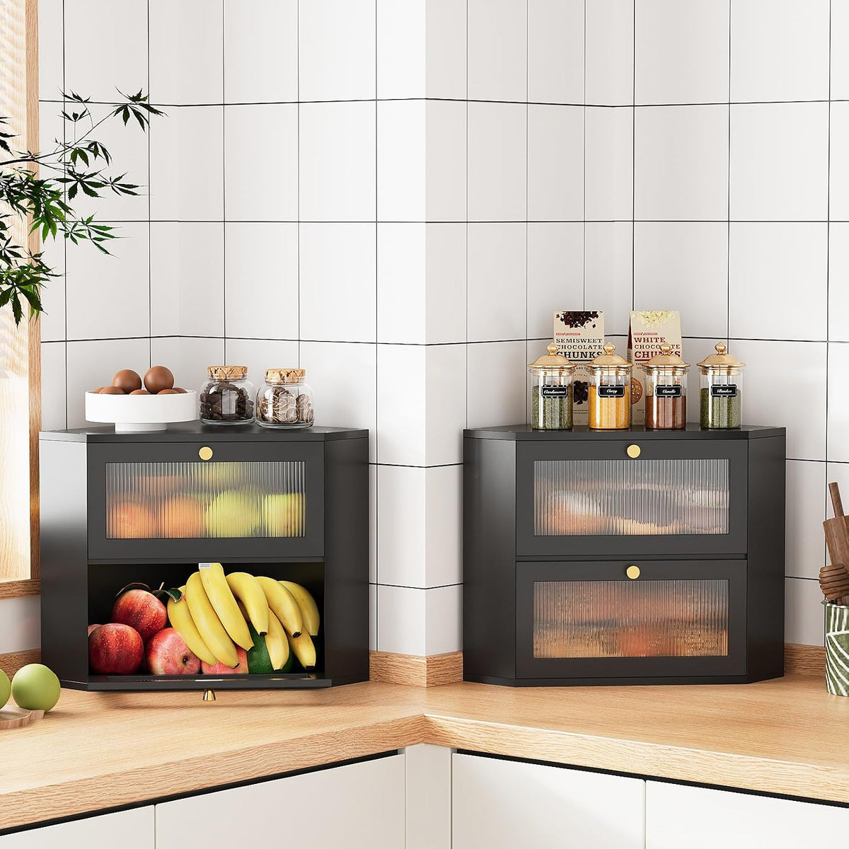 Trironsun Corner Bamboo Bread Box for Kitchen Counter Double Layer Bread Storage Container Large Capacity Bread Storage