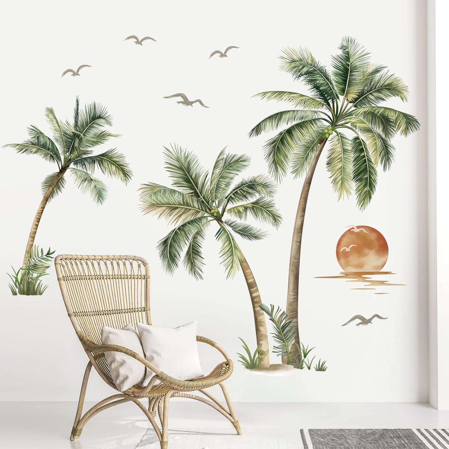 Large Boho Palm Tree Wall Decals Tropical Plant Sunset Beach Wall Stickers Living Room Bedroom