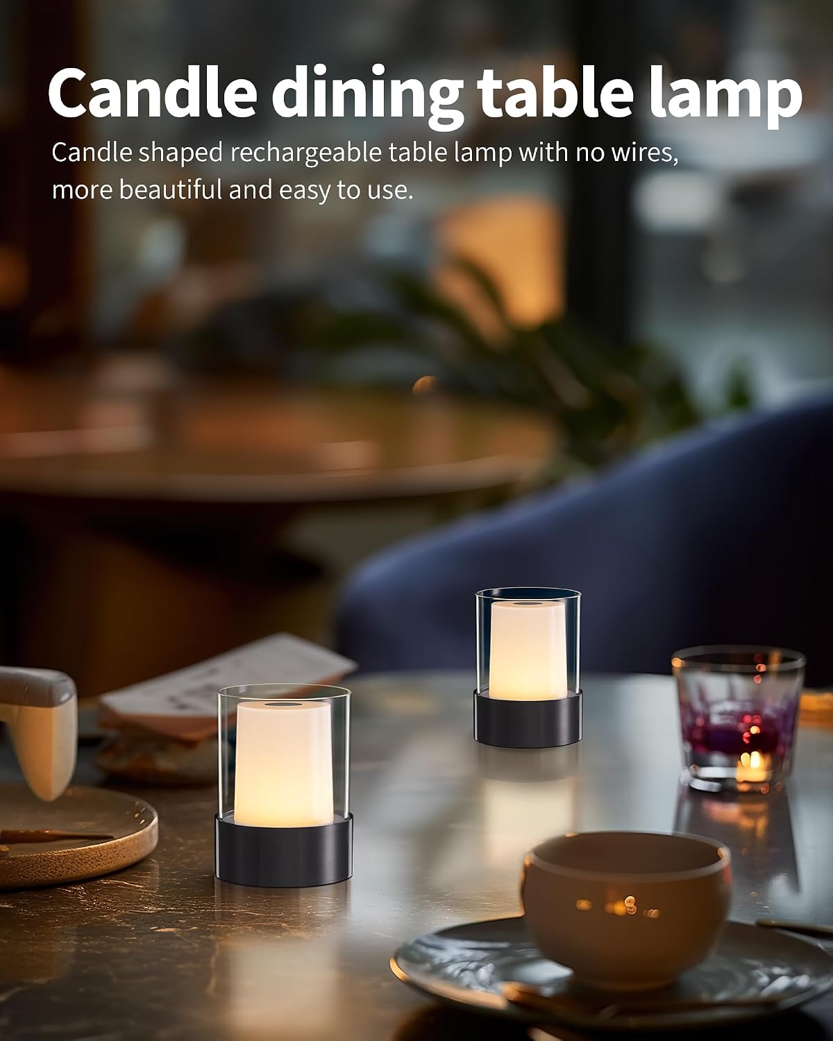 4" Black Cordless Table Lamp Set of 2, Outdoor Rechargeable Lamp | LED, Battery Operated, Portable, Touch Night Light