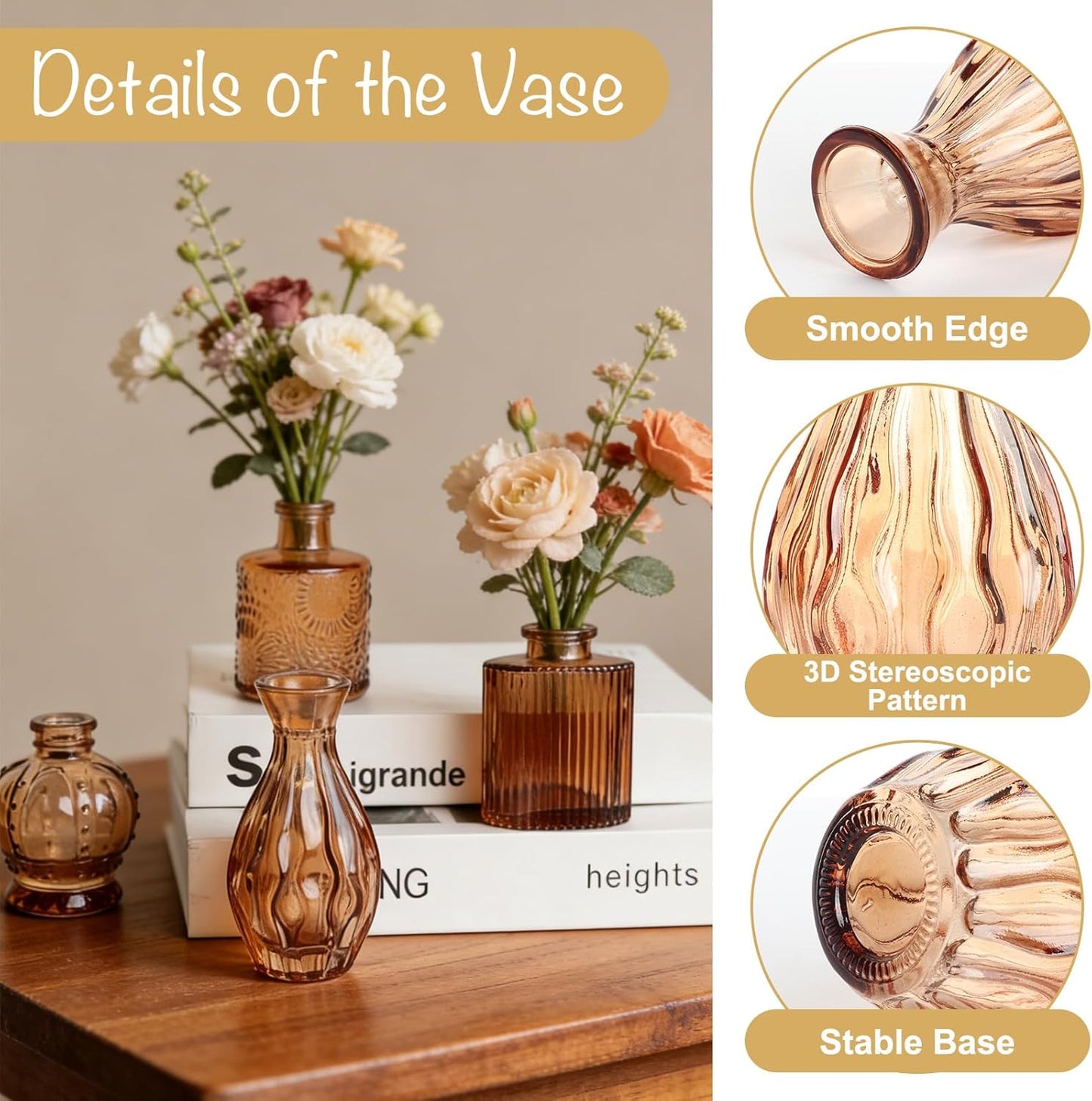 Glass Vase / Petal Petite Small Glass Bud Vase / Amber / Set of 6