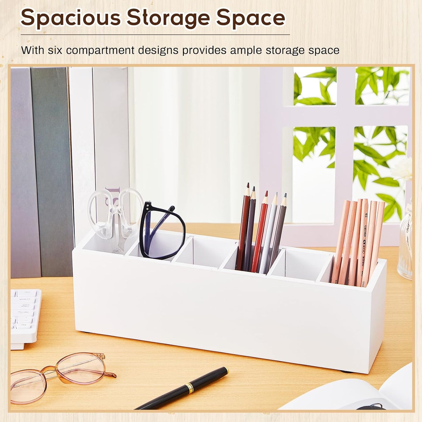 Jetec Wooden Pencil Pen Holder for Desk 6 Compartments Cosmetic Makeup Brush Stationery Office Desktop Organizers for