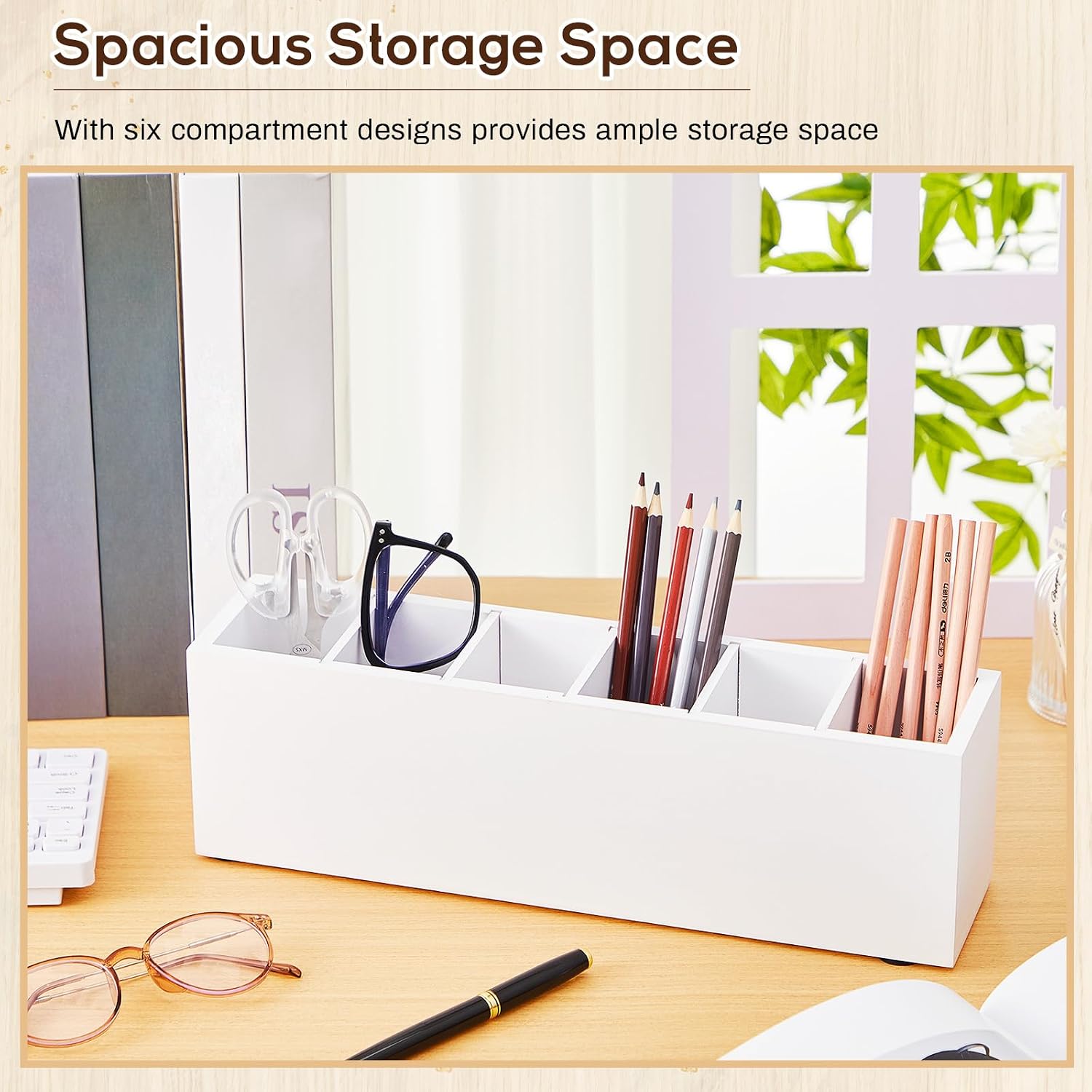 Jetec Wooden Pencil Pen Holder for Desk 6 Compartments Cosmetic Makeup Brush Stationery Office Desktop Organizers for