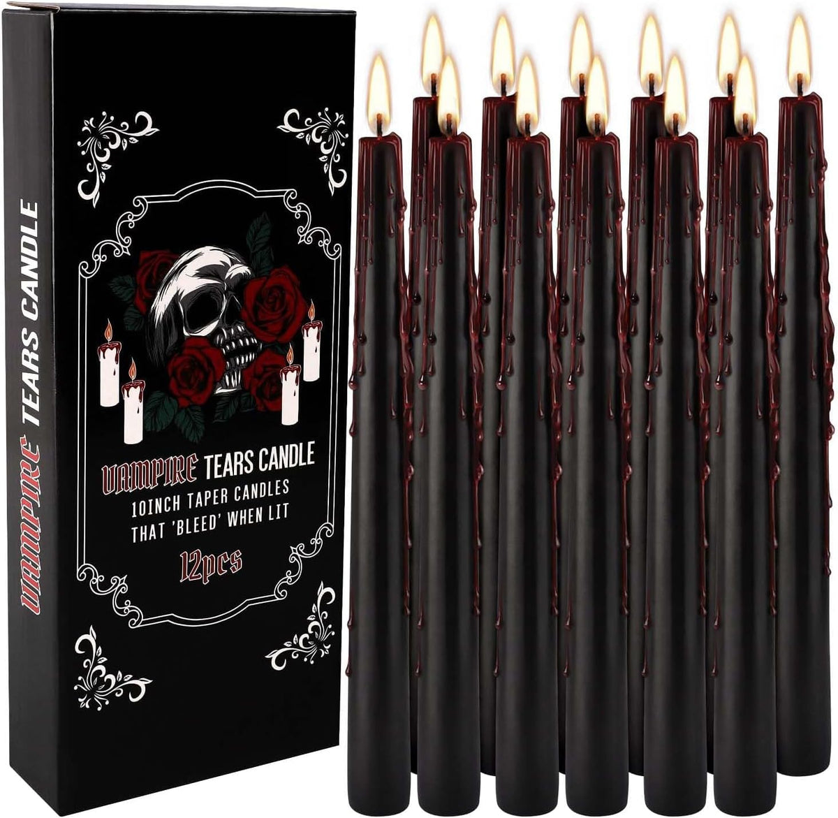 YOROXRG 12PCS 10-Inch Black Bleeding Taper Candles,Vampire Tears Taper Candles- Unscented Ideal for Halloween, Christmas, Rituals, and Themed Party Decor
