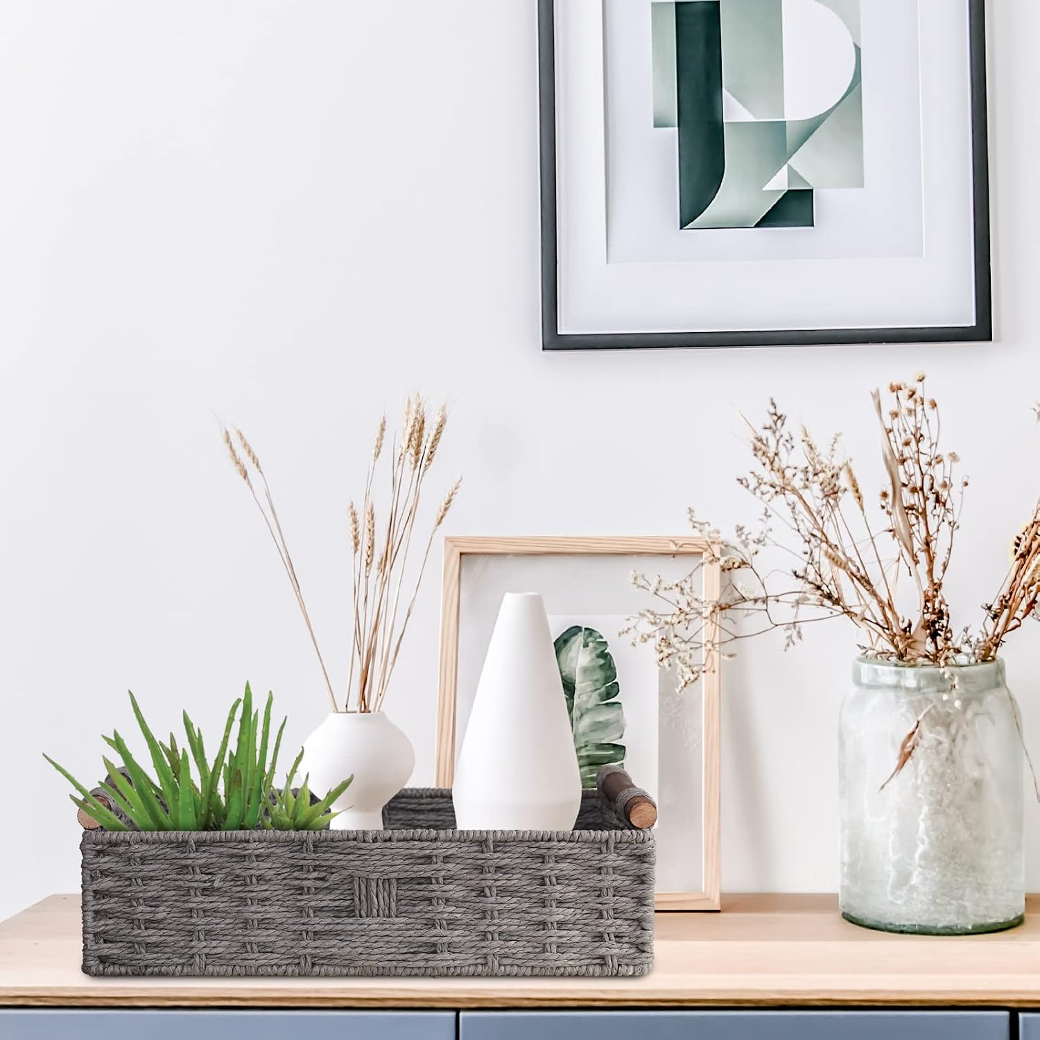 Round Paper Rope Storage Basket Wicker Baskets for Organizing / Grey
