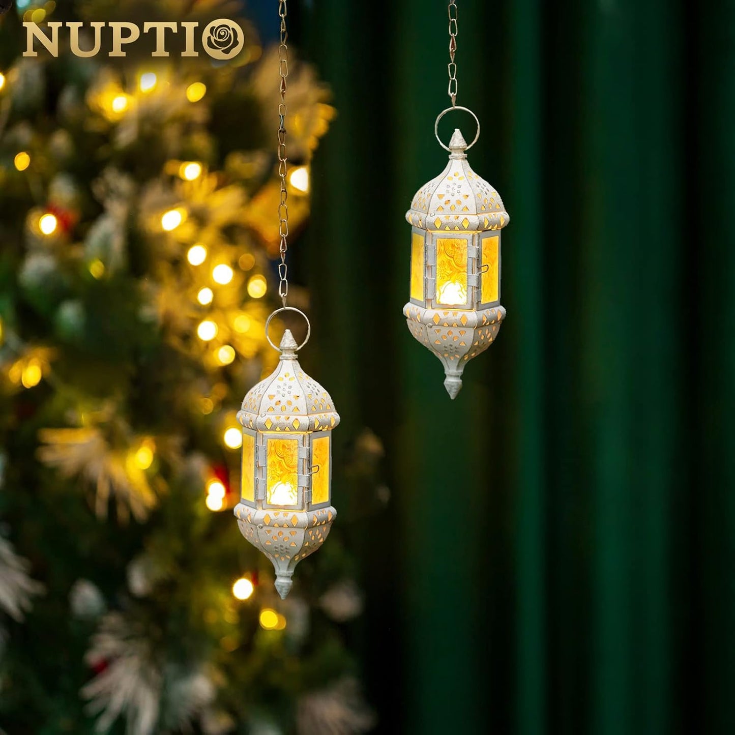 2 Pcs Moroccan Lantern Metalwork Hanging Tealight Candle Holder Metal Glass Indoor Outdoor Battery Operated LED