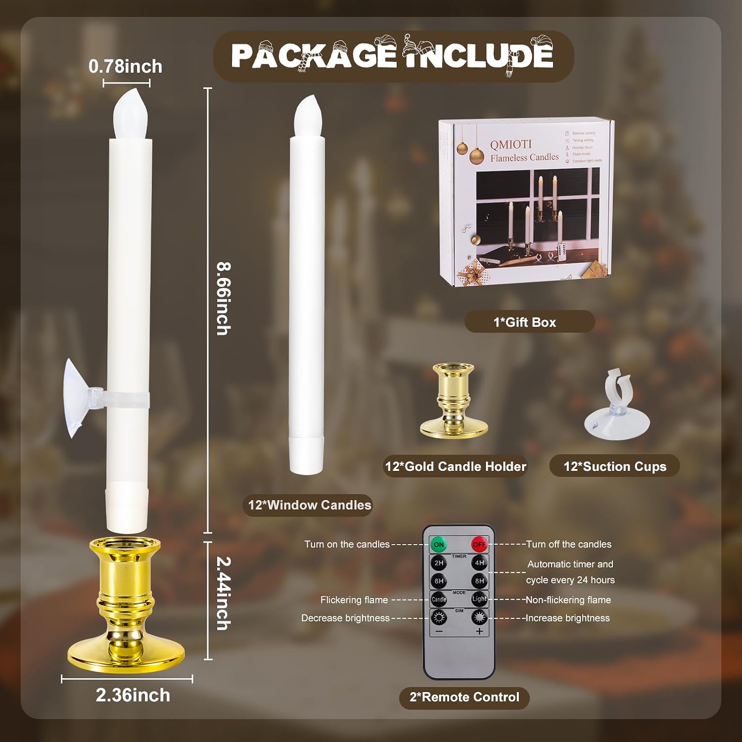 12 Pack Christmas Window Candles, Battery Operated Window Candles with Timer Remote, LED Window Candle with Candle