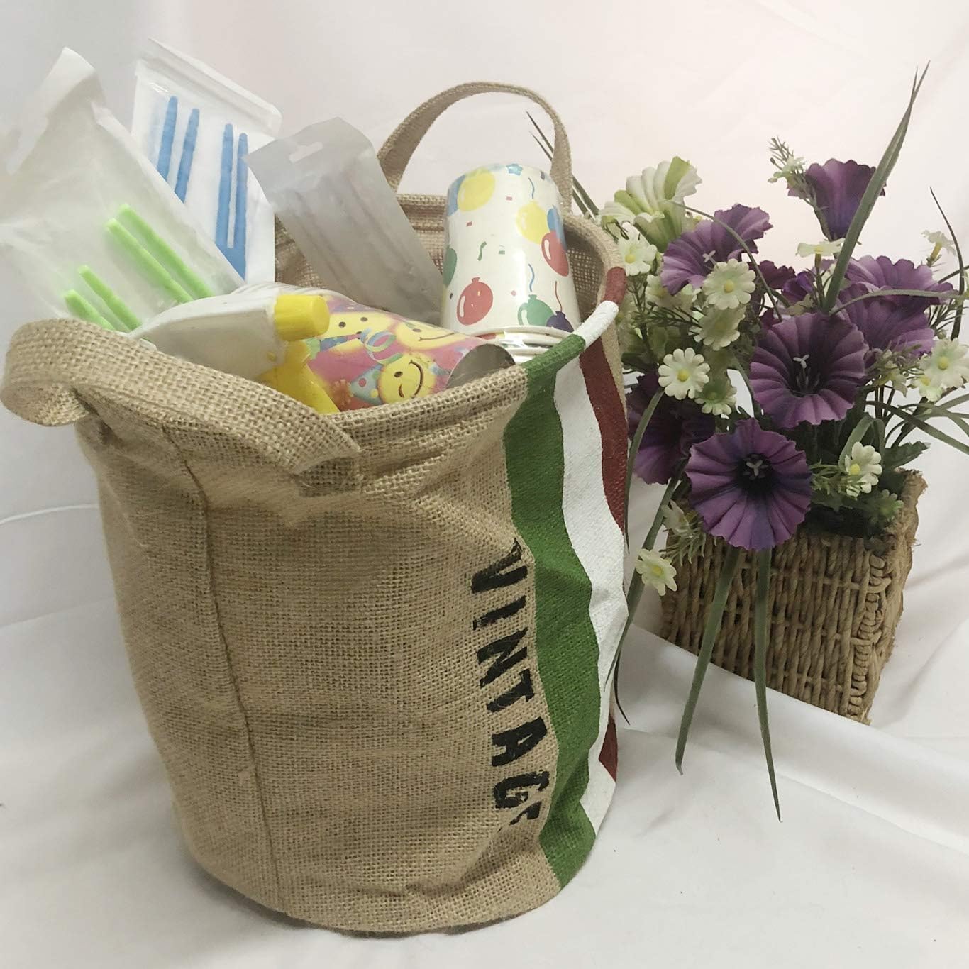 Burlap Woven Storage Basket Collapsible Vintage / Italy Flag