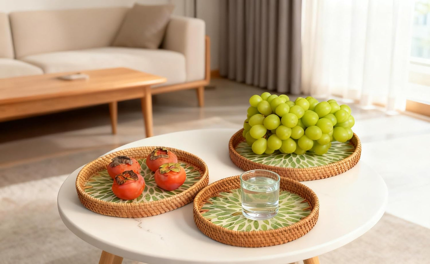 Round Rattan Tray / Emerald Bloom / Set of 3