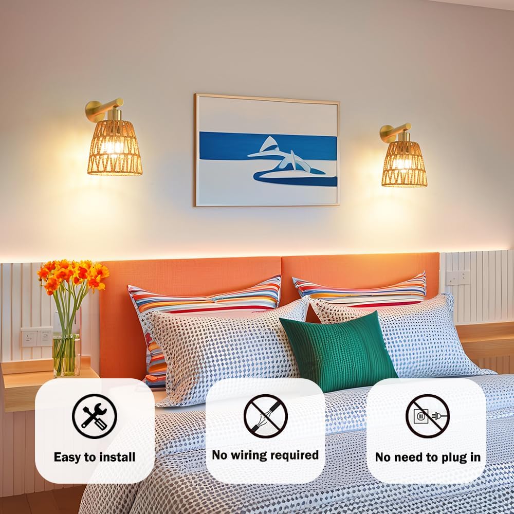 Battery Operated Wall Sconce Set of 2, Gold Battery Wall Sconces, USB Rechargeable Wall Lights with 2500mAh Dimmable