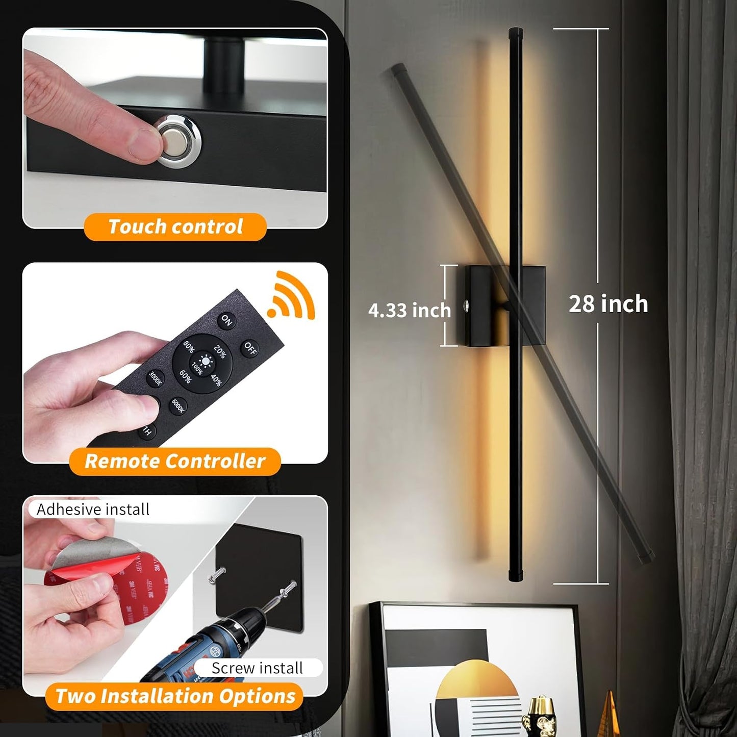 15800 mAh Battery Operated Wall Sconces with Remote Control, Dimmable Wall Sconces Set of Two 3000K LED Matte Black and