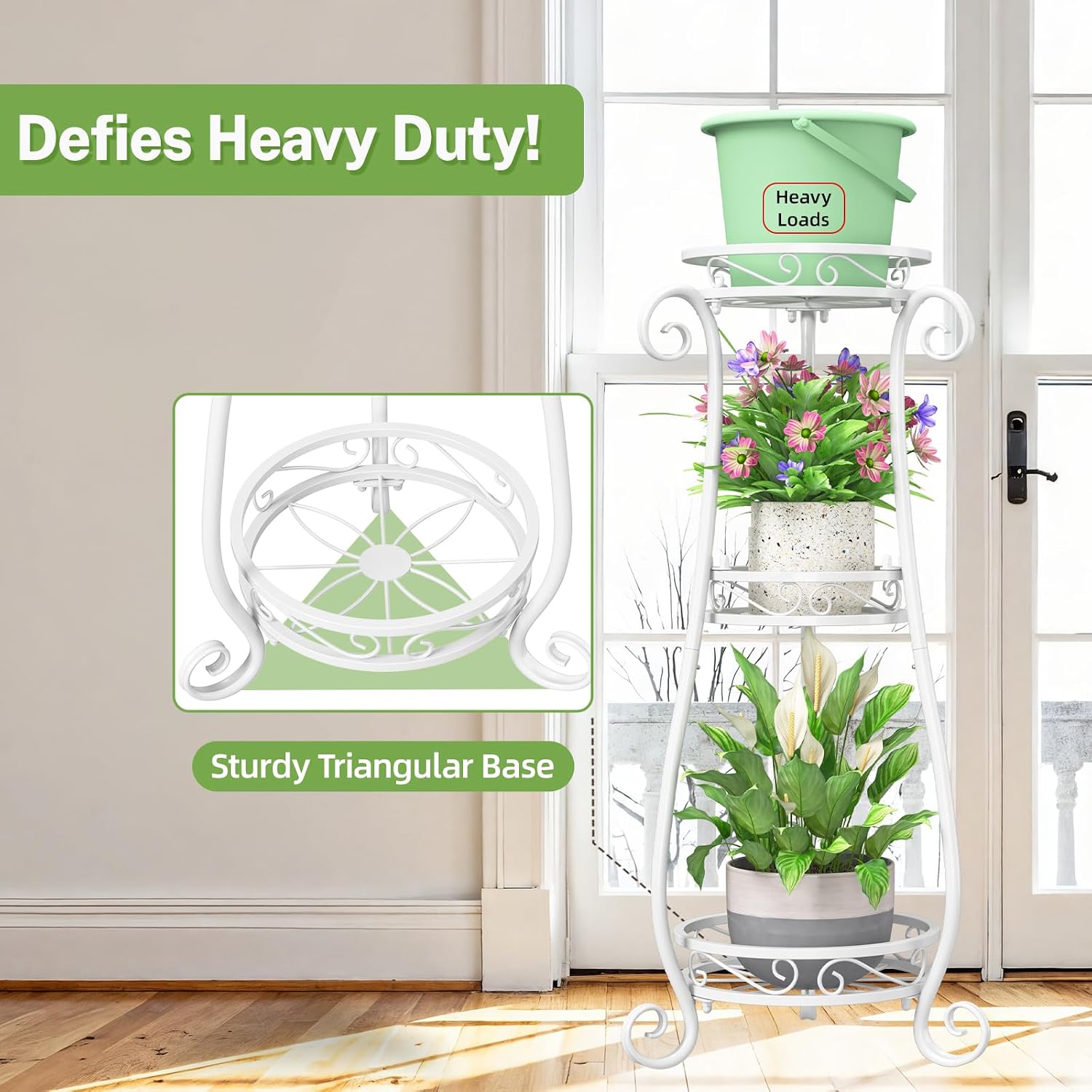 iDavosic.ly 3 Tier Tall Metal Plant Stand Outdoor Indoor, 34 Inch, White | Corner Flower Pot Holder Shelf, Wrought Iron