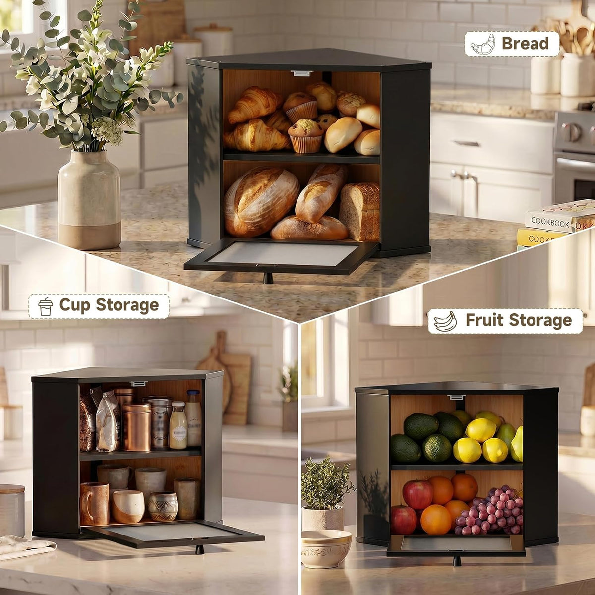 Bread Box for Kitchen Corner Countertop,Large Bread Basket (Black, Large) | Double Layer Bamboo Bread Storage Container