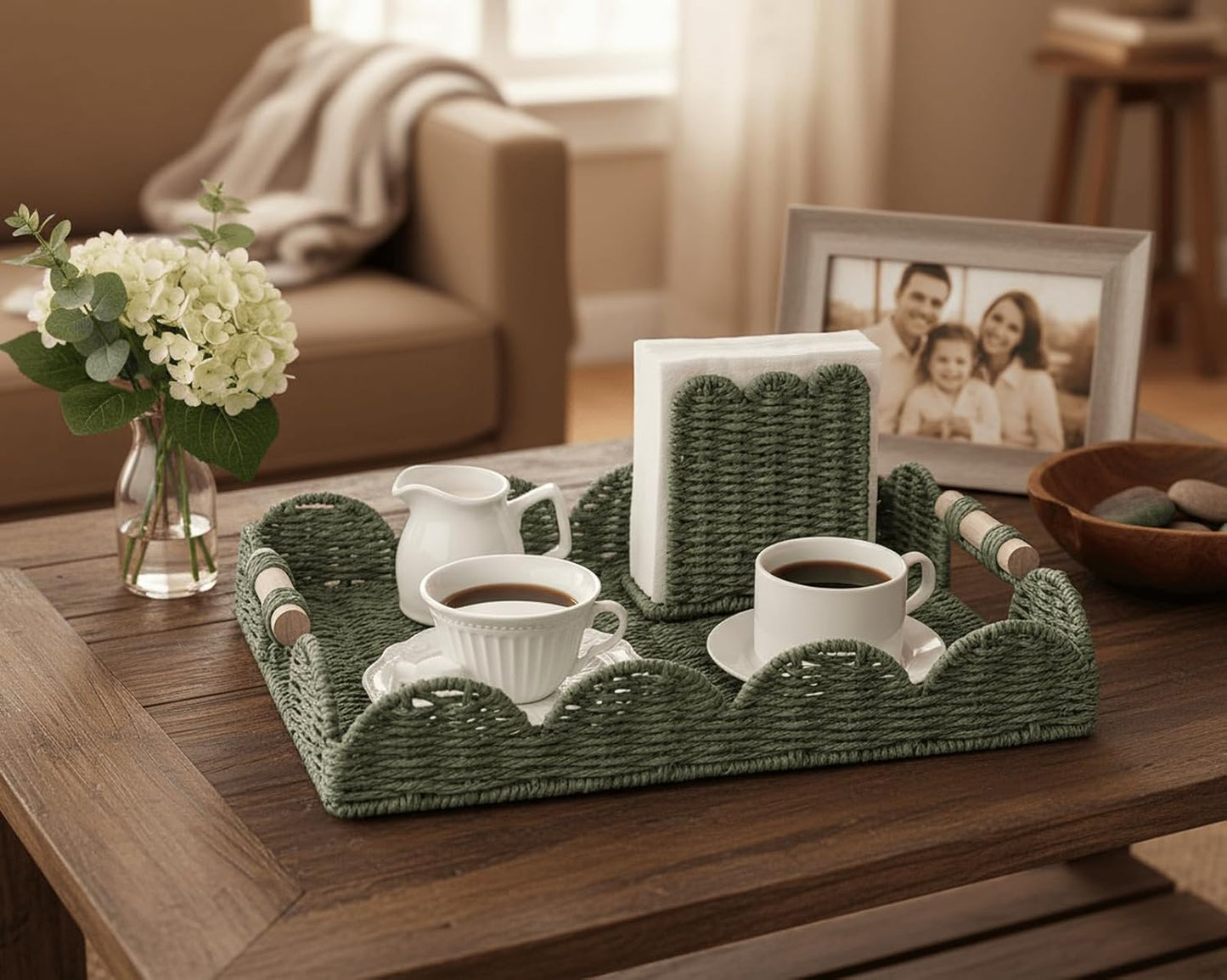 Rectangular Scalloped Decorative Centerpiece Tray / Green / 15.7 x 11.4 x 2.8