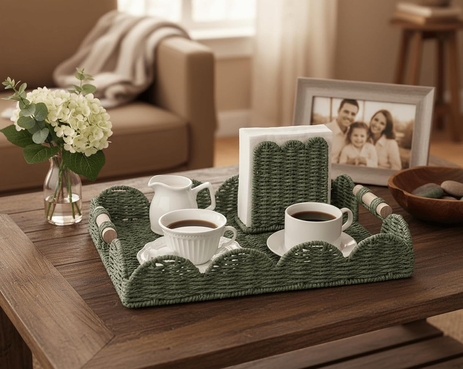 Rectangular Scalloped Decorative Centerpiece Tray / Green / 15.7 x 11.4 x 2.8
