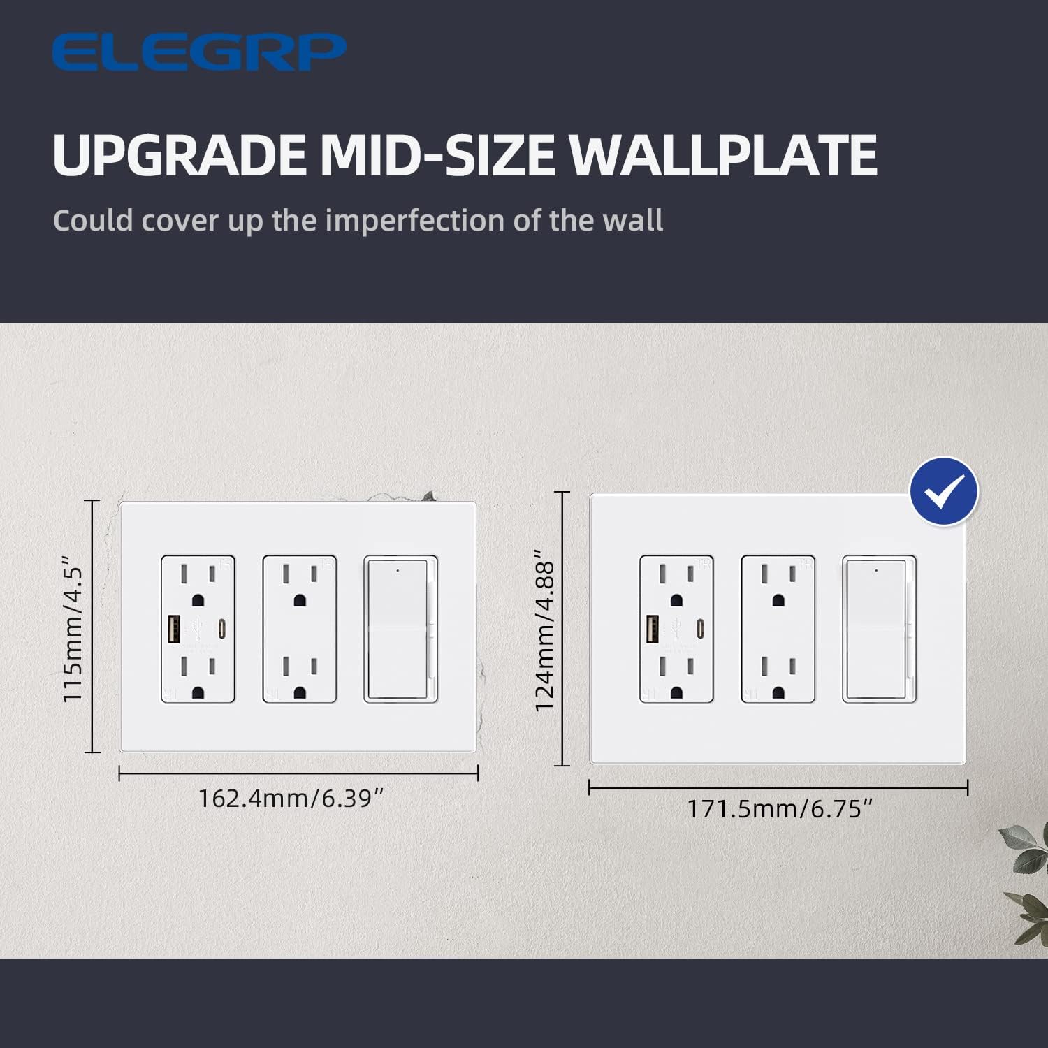 ELEGRP 3-Gang Screwless Decorative Wall Plates, Mid-Size Unbreakable Thermoplastic Faceplate Cover for Decorator