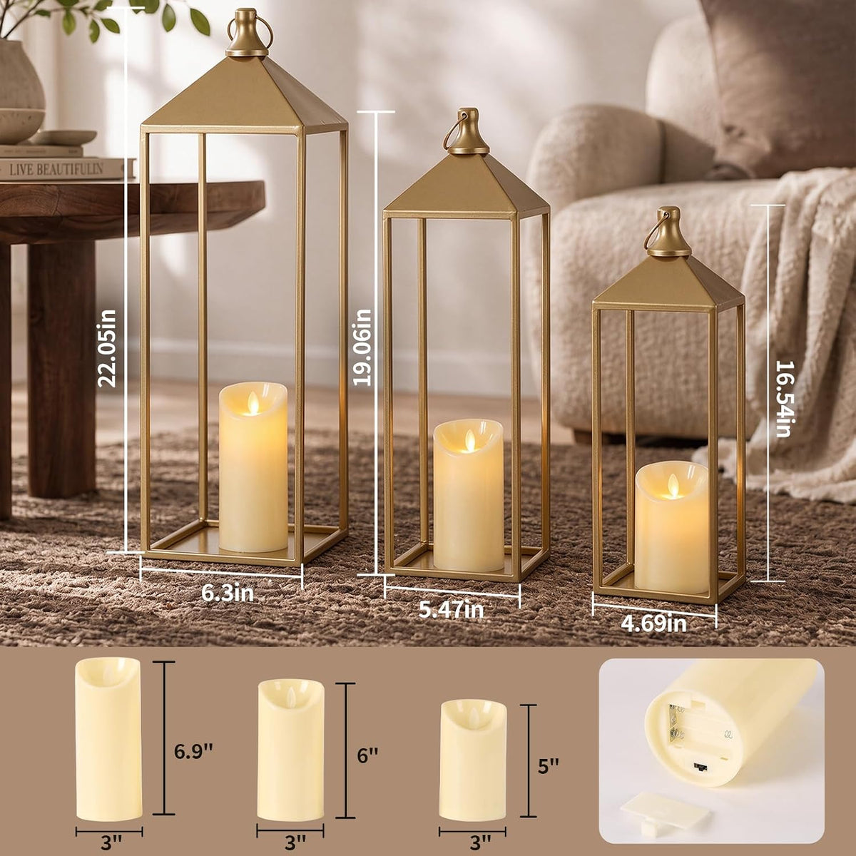 3 Pcs Large Gold Decorative Lanterns with Candles, Metal Candle Lantern | 22" 19" 17" Lanterns Decorative Outdoor