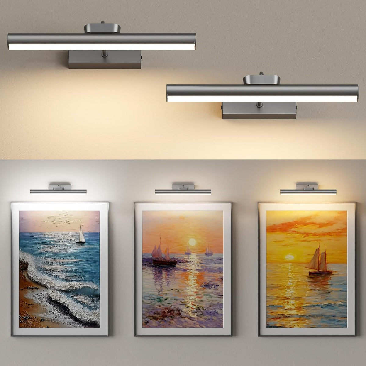 Picture Light for Wall, 4000mAh, 13.8 Inch, 2 Pack Grey | Cordless Rechargeable, LED Art Light with Remote, Dimmable 3
