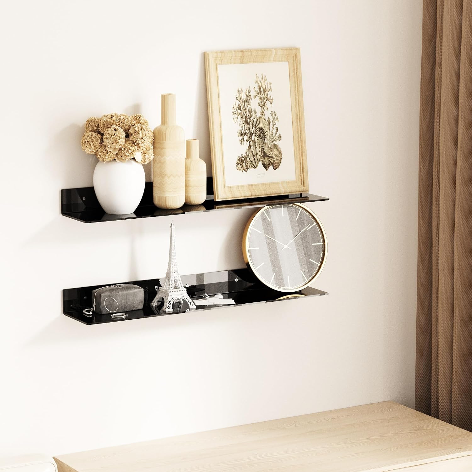 Sezanrpt 30 Inches Acrylic Long Wall Shelf Set of 2, Black Wall Mounted Acrylic Bathroom Storage Shelves Display