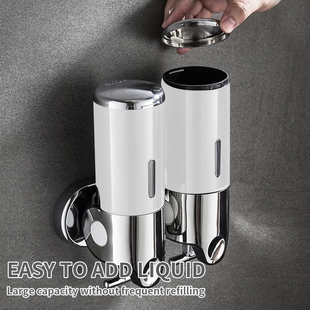 2 in 1 Chamber Wall Mounted Shampoo and Conditioner Dispenser (White) | No Drill Shower Soap Dispenser for Bathroom