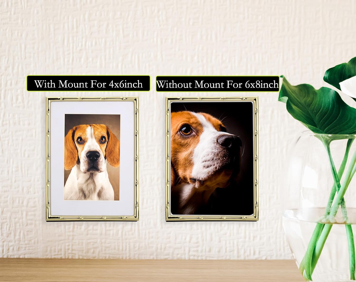 YiPinYin 6x8‘’ Bamboo Detail Gold Metal Picture Frame 2pack,6x8'' Gold Plated Photo Frames Mat for 4x6‘',with Soft