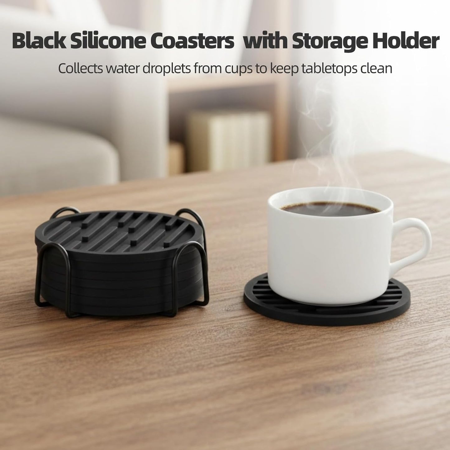 Storage Holder / in Round Modern Groove Pattern Drink Mats / Black / 3.9 Inch / Set of 8