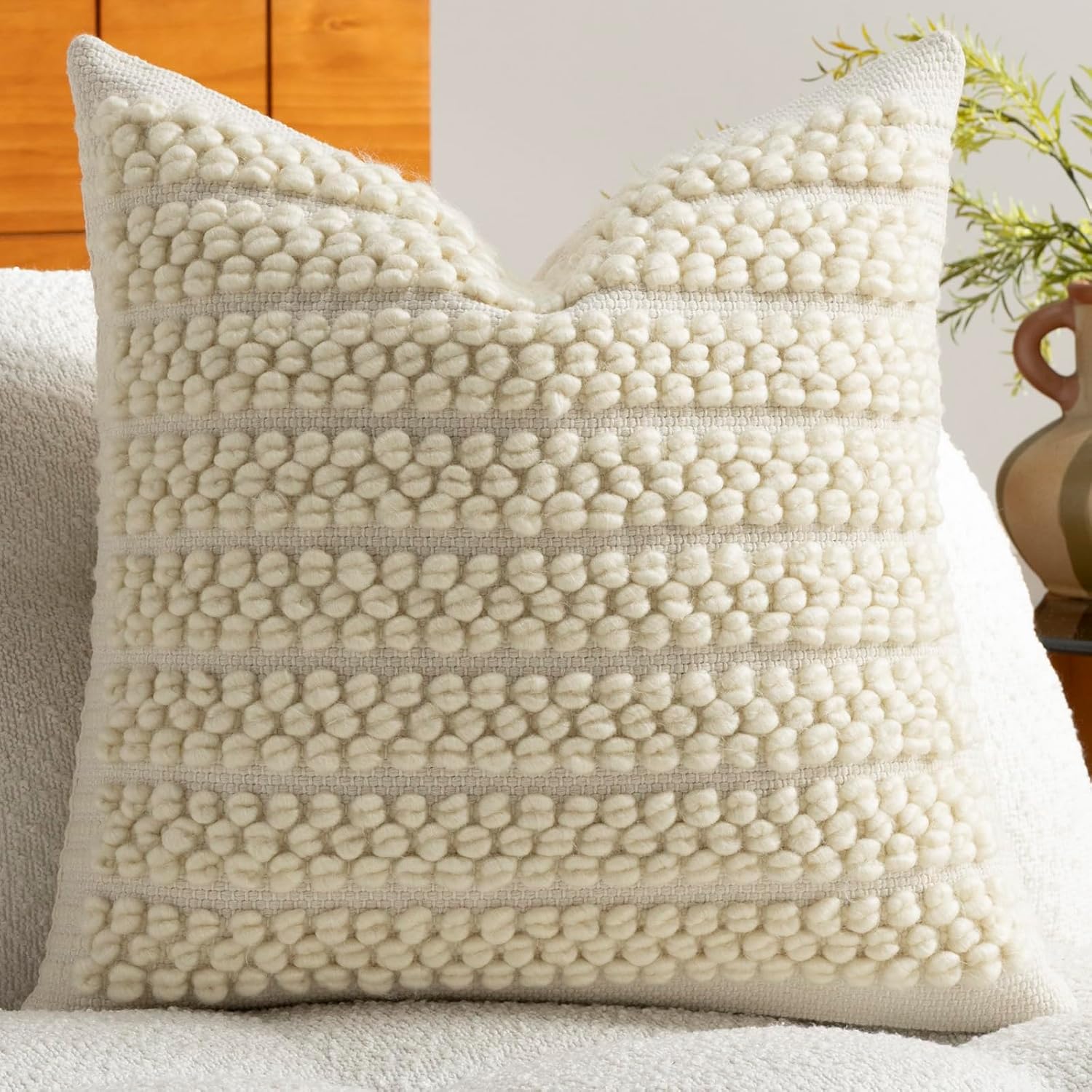 Wool Boucle Throw Pillow Cover Chic Accents Square Textured Decorative Pillow Case / Beige / 18 x 18