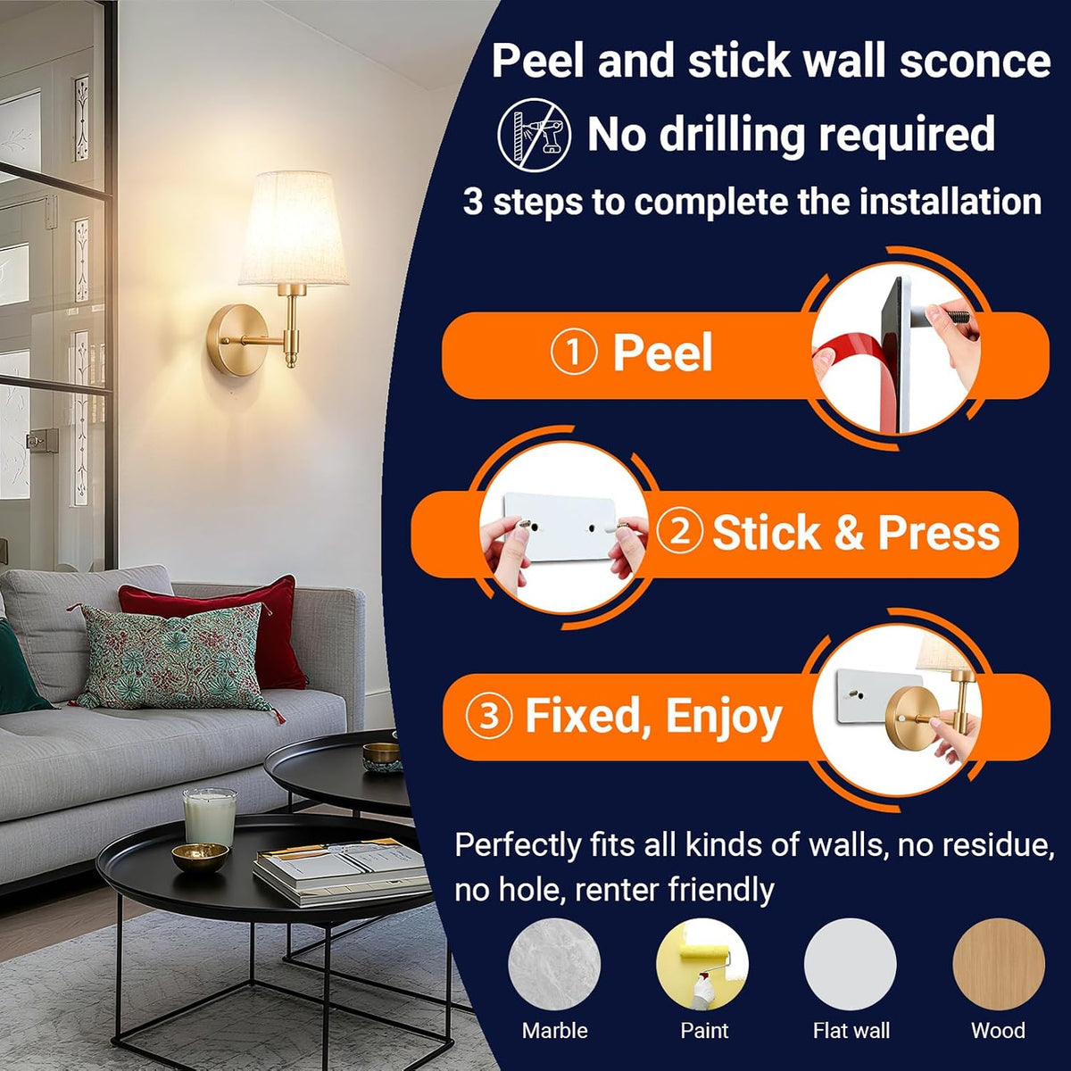 YHCDLAMP Peel and Stick Wall Sconces, No Drilling Stick On Wall Sconce, Wireless Battery Operated Wall Lights, Adhesive