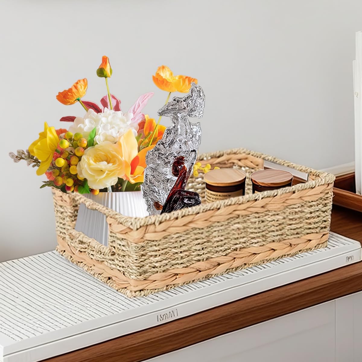 Small Rustic Rectangle Woven basket Organizer / Hyacinth&seagrass