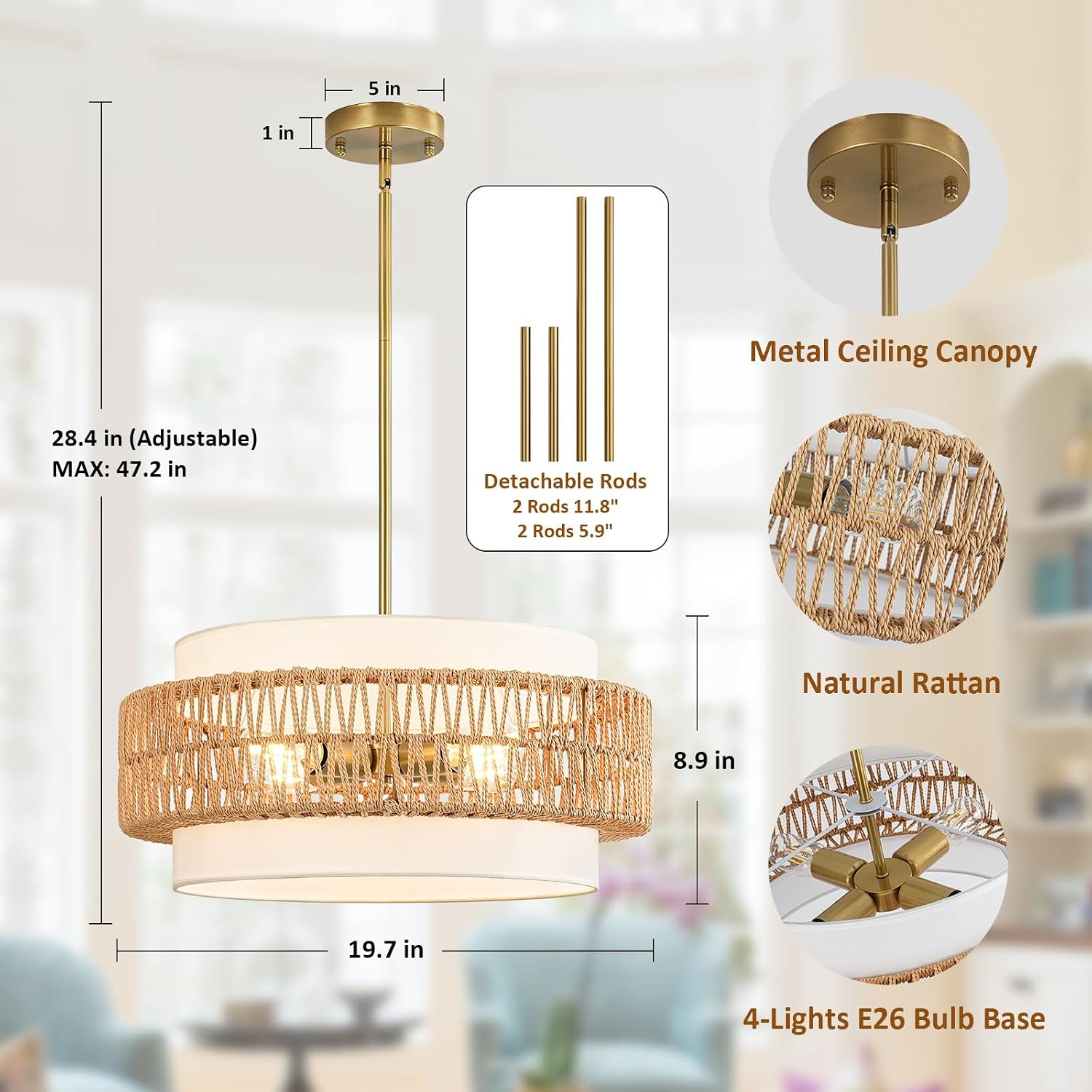 Boho Drum Ceiling Hanging Light / 19.7" V-shaped Weaving