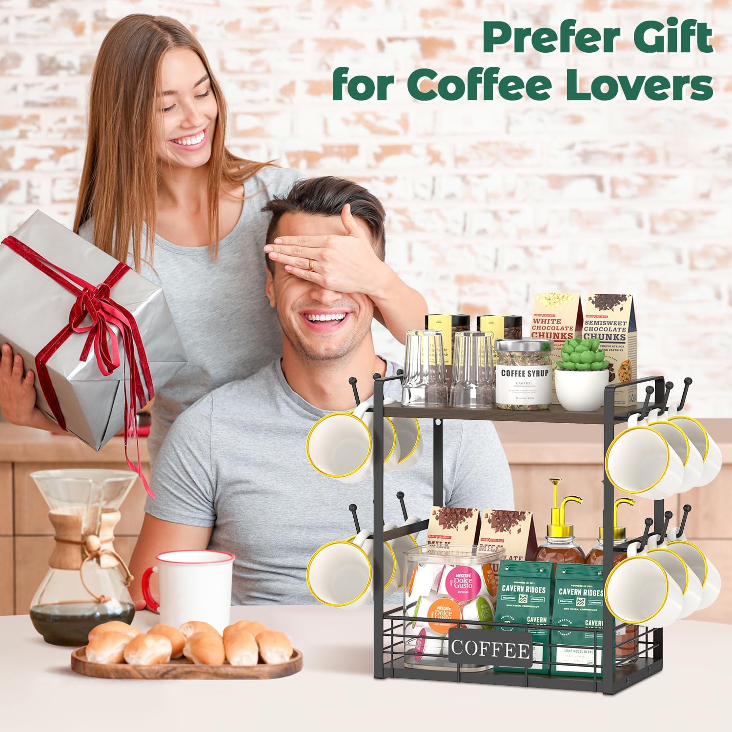 EsLuker.ly Coffee Mug Cup Holder Tree Bar Station Organizer, 2 Tier Brown | Mug Stand Rack for Countertop Kitchen