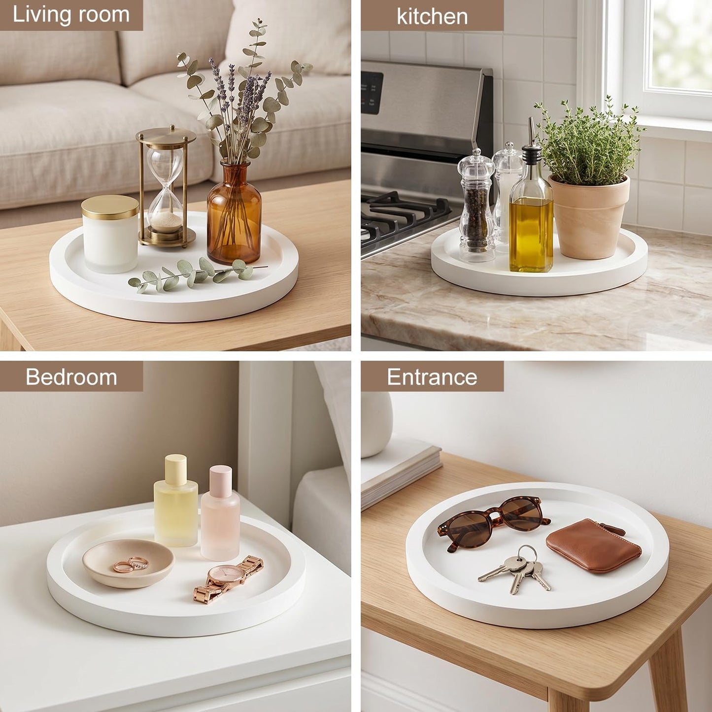 Candle Plate Holder Round Wooden Decorative Tray for Coffee Dinner Table / White / Set of 11