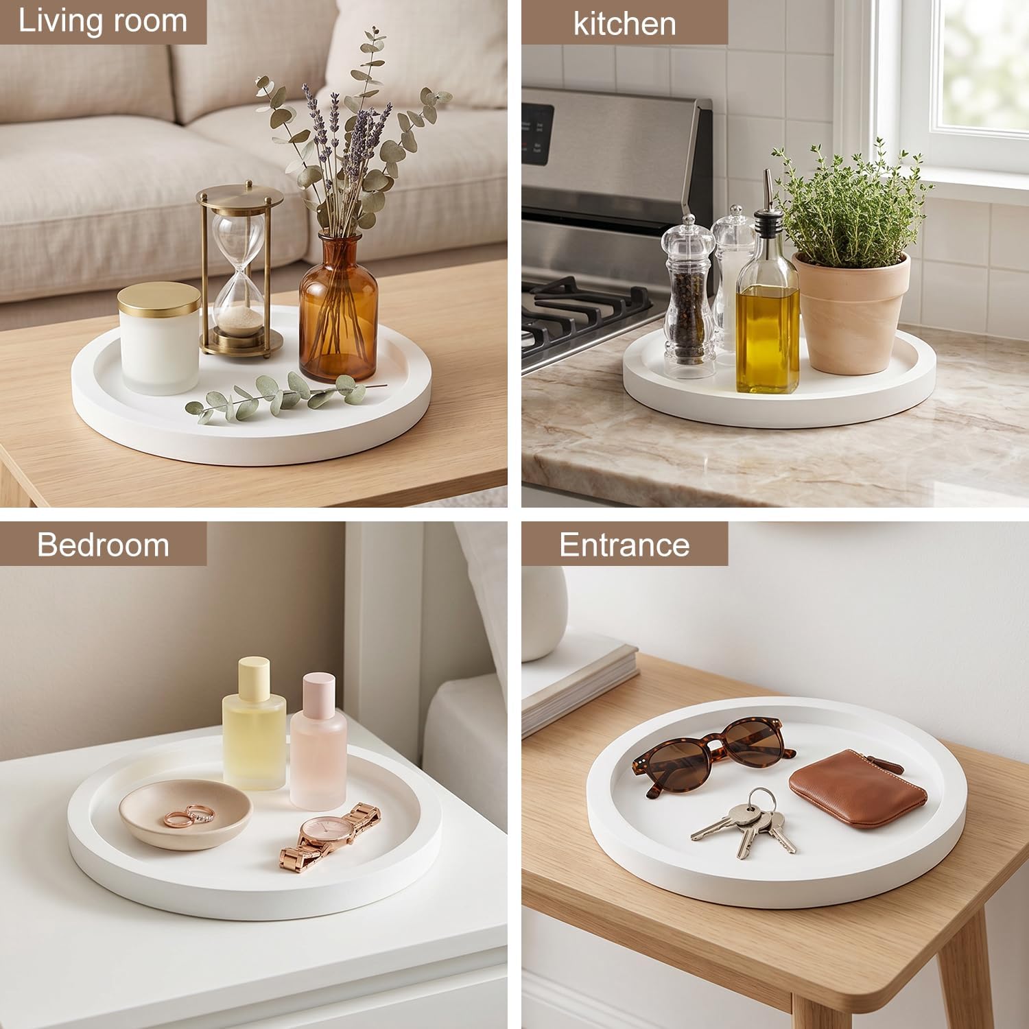 Candle Plate Holder Round Wooden Decorative Tray for Coffee Dinner Table / White / Set of 11
