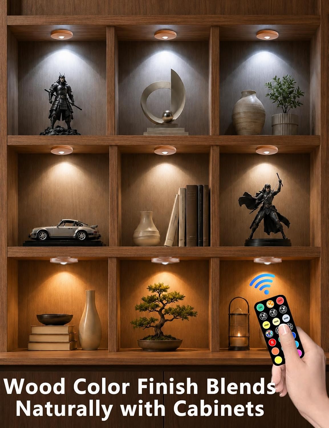Puck lights with remote, 2000mAh rechargeable cabinet light, Under Cabinet Lighting Wireless, Display Cabinet, Dimmable