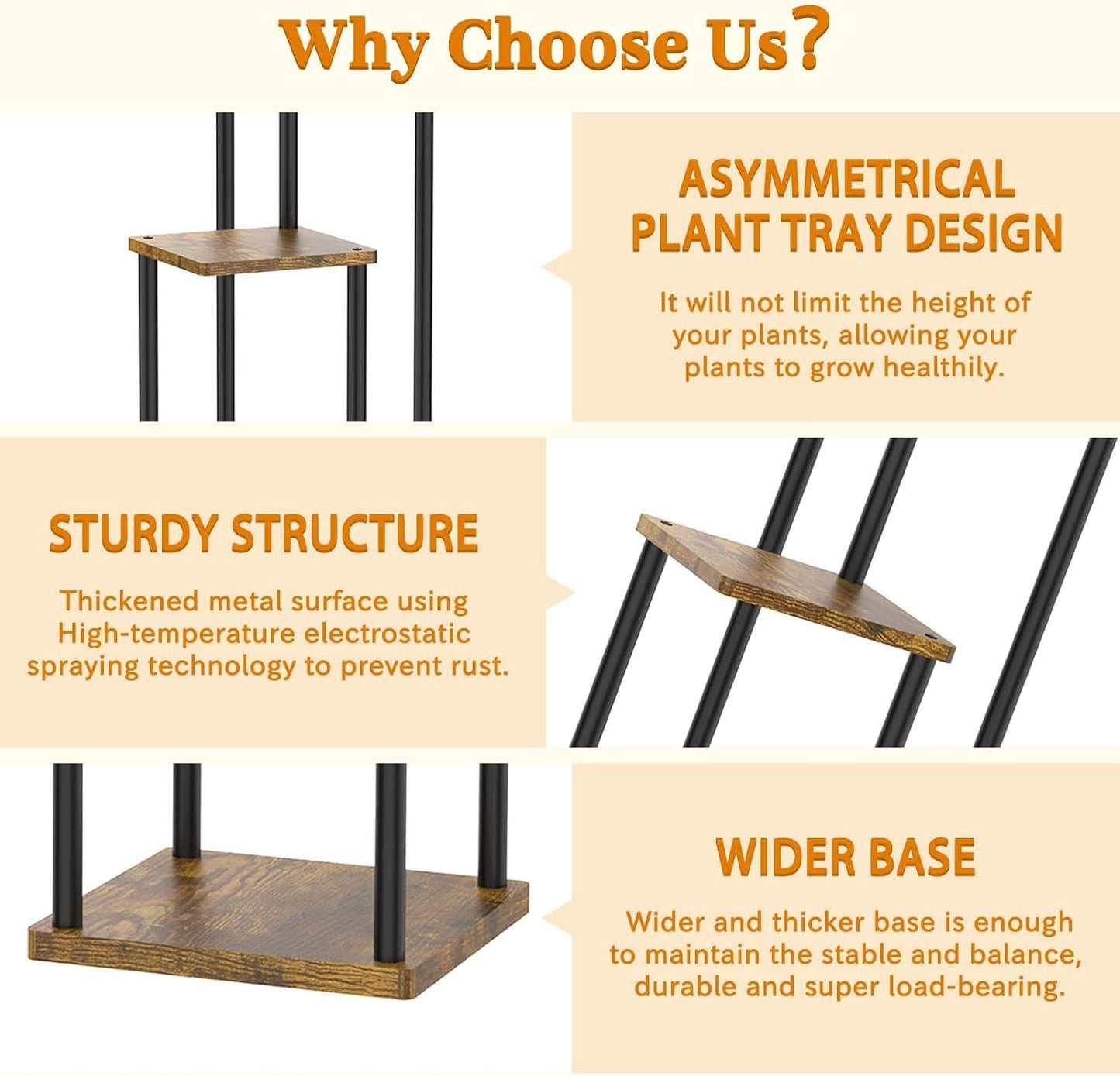 Plant Stand Indoor, Oppro 3 Tier Corner Metal Wood Flower Pot Holder Shelf | Multiple Display Rack Square Table for
