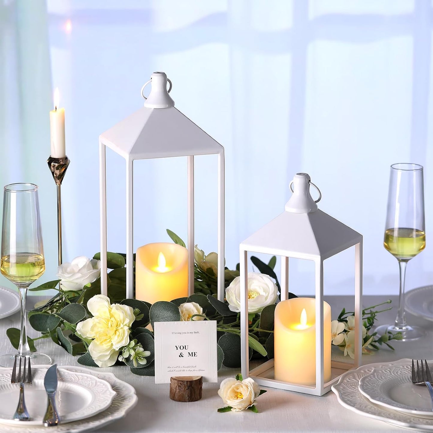 2 Pcs Wedding Lanterns Decorative with Candles White Farmhouse Lanterns | Glass-free Metal Decorative Candle Lanterns