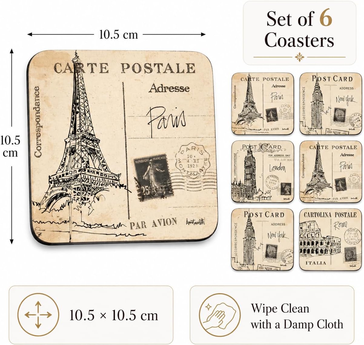 Vintage Travel Art / Postcard / 4 x 4 / Set of 4