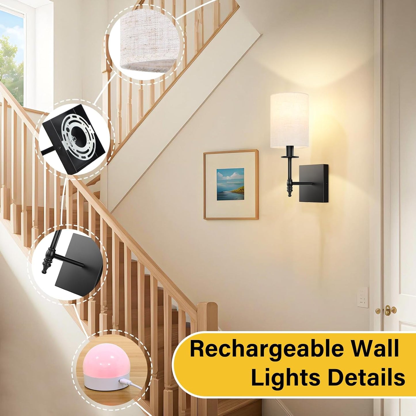 14 inch Battery Operated Wall Sconces Set of 2 with Remote, Rechargeable Wireless Wall Lights with Beige Fabric Shade