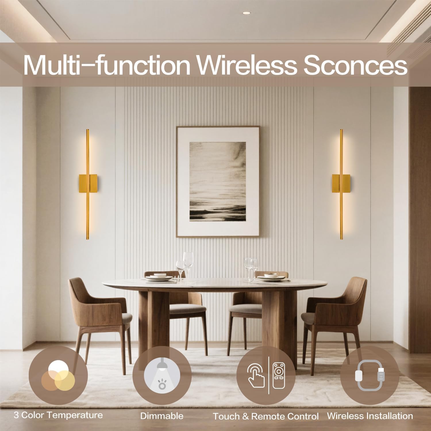 Rechargeable Wall Sconce Set of Two, Modern Wireless Brass Wall Sconces with Remote, 28.35Inch Dimmable Indoor Home