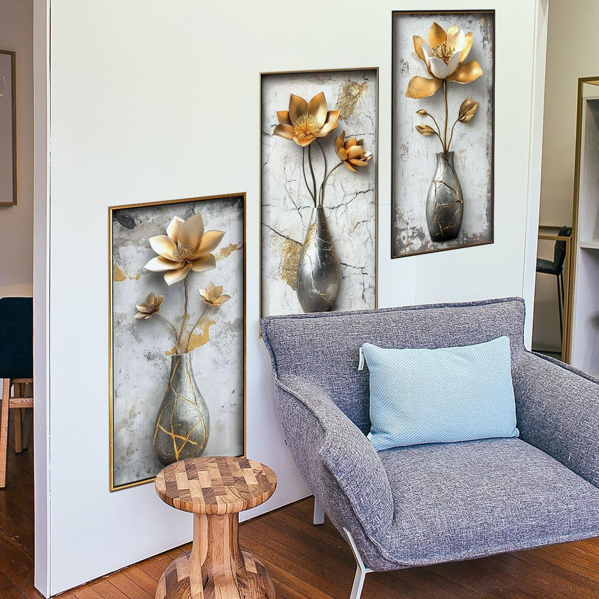 3D Flower Wall Art Stickers Floral Vase Wall Decals Peel and Stick Living Room / Large / Gold