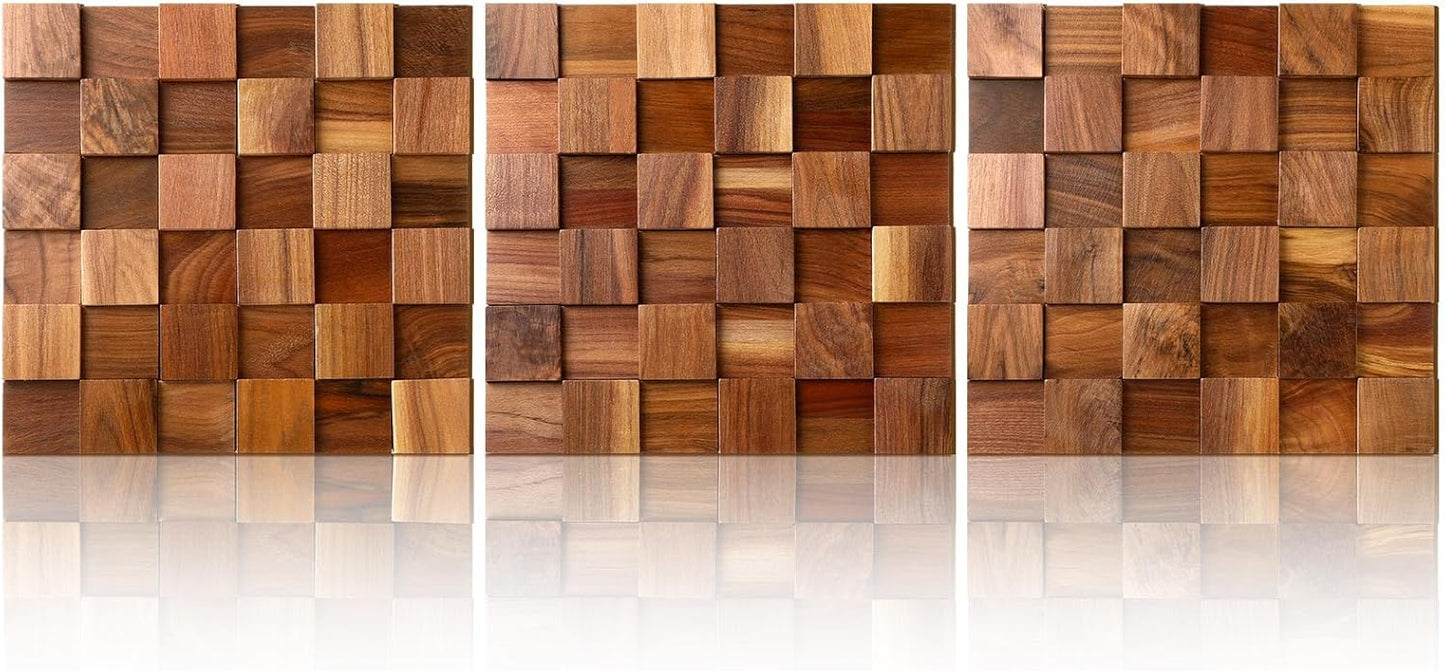 3D Wood Wall Art 11.8'' x 11.8'' Rugged Mosaic Wood Wall Decor Rustic Block Wooden Wall / Set of 3