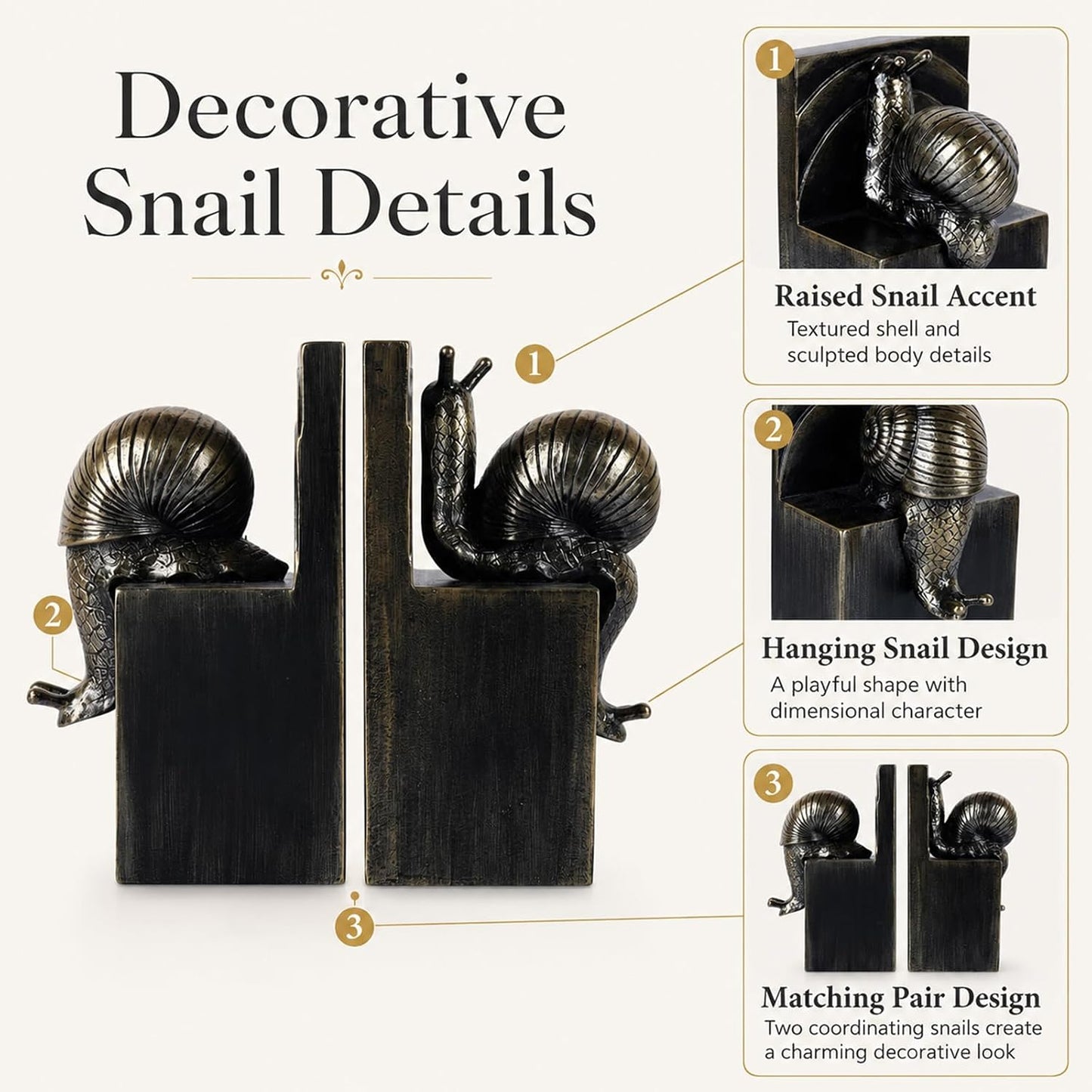 Snail Bookends / Snail Book Ends Resin Animal Bookends / Black Gold / Set of 2