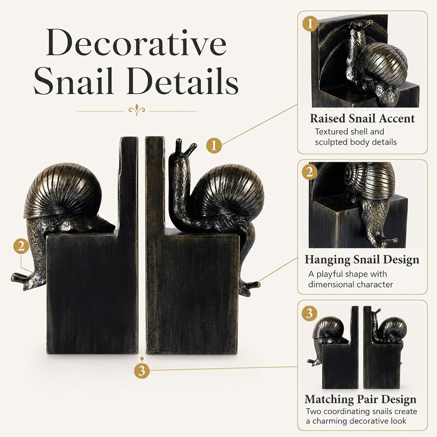 Snail Bookends / Snail Book Ends Resin Animal Bookends / Black Gold / Set of 2