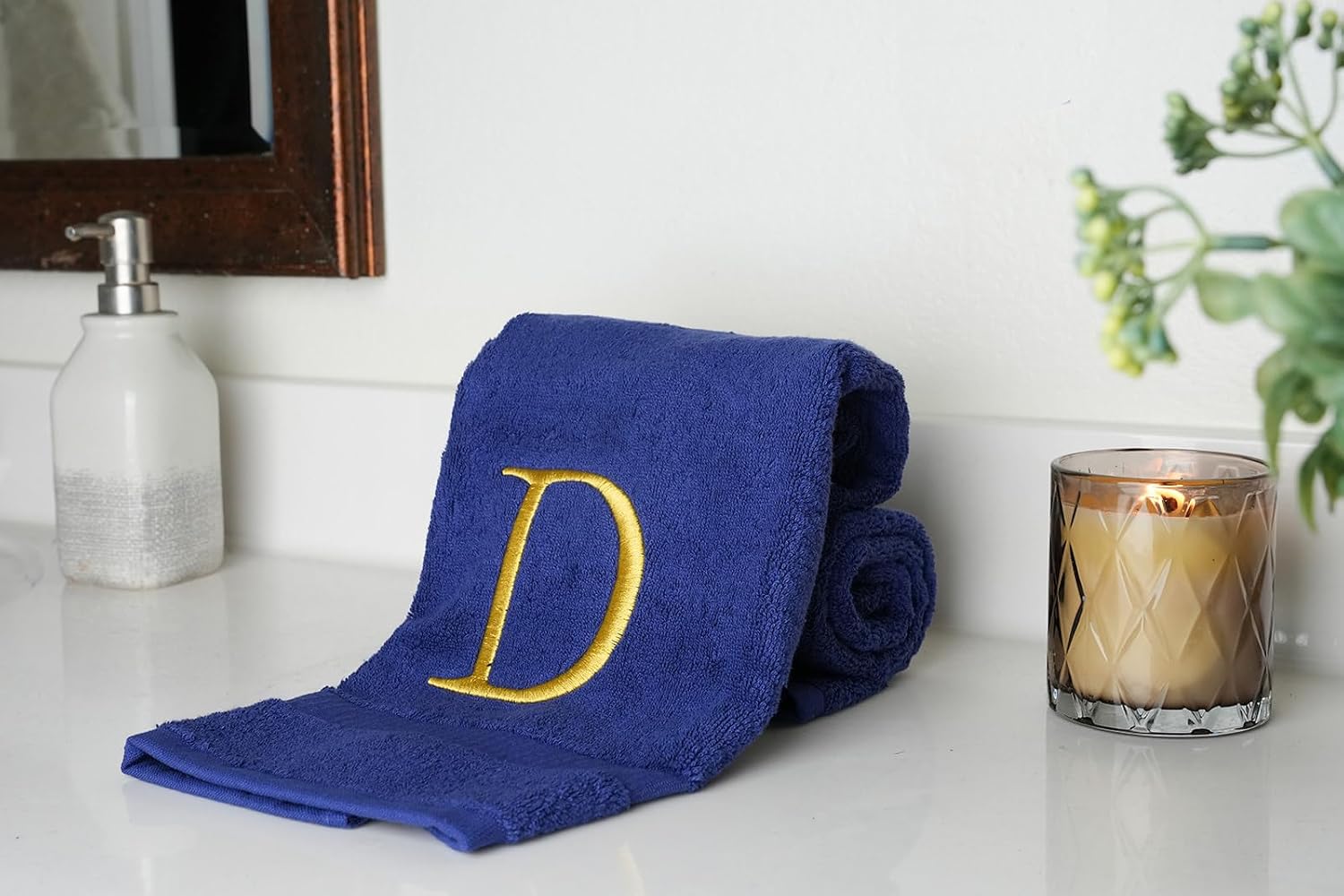 Navy with Gold Monogrammed Hand Towels for Bathroom - Set of 2 Letter D | Luxury Hotel Quality Initial Towels For