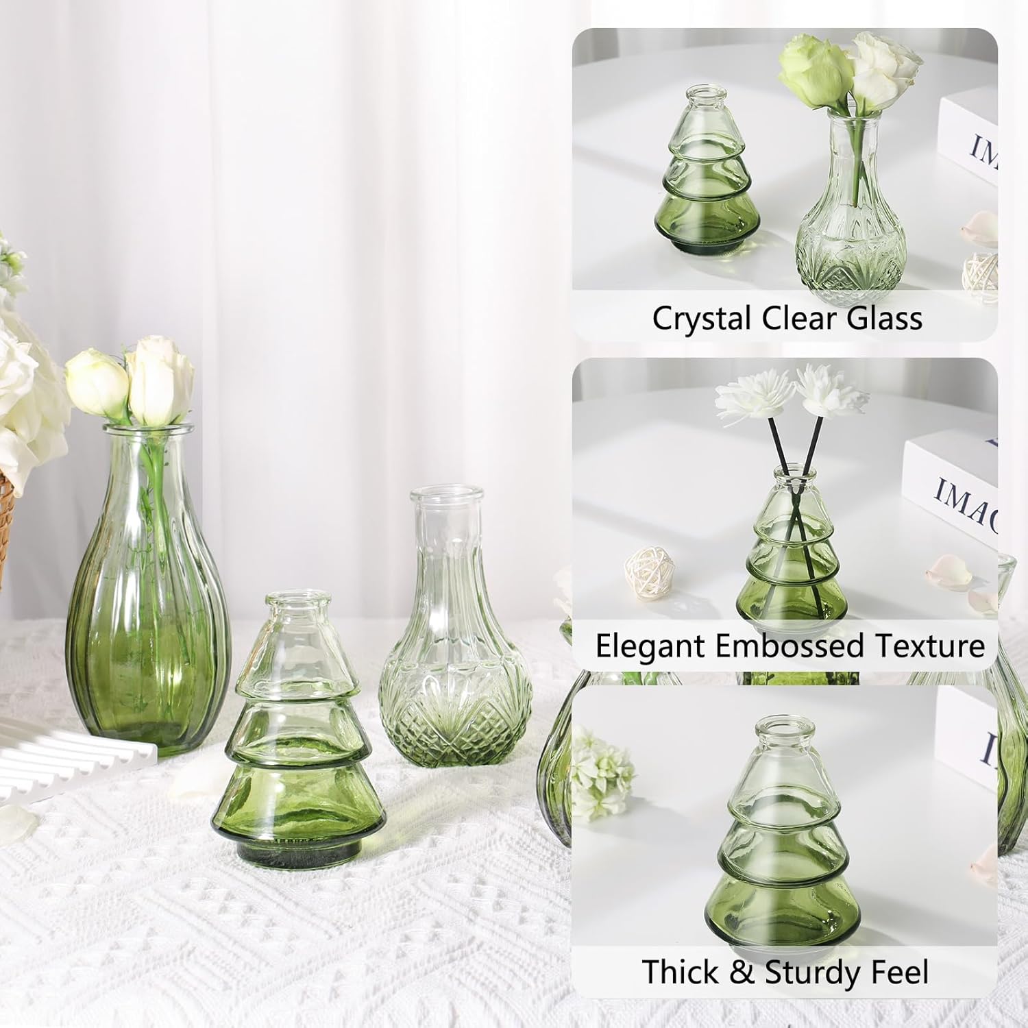 Glass Bud Vases Mini Flower Vase Small Vintage Vases for Centerpiece / Gradient Green / Set of 12