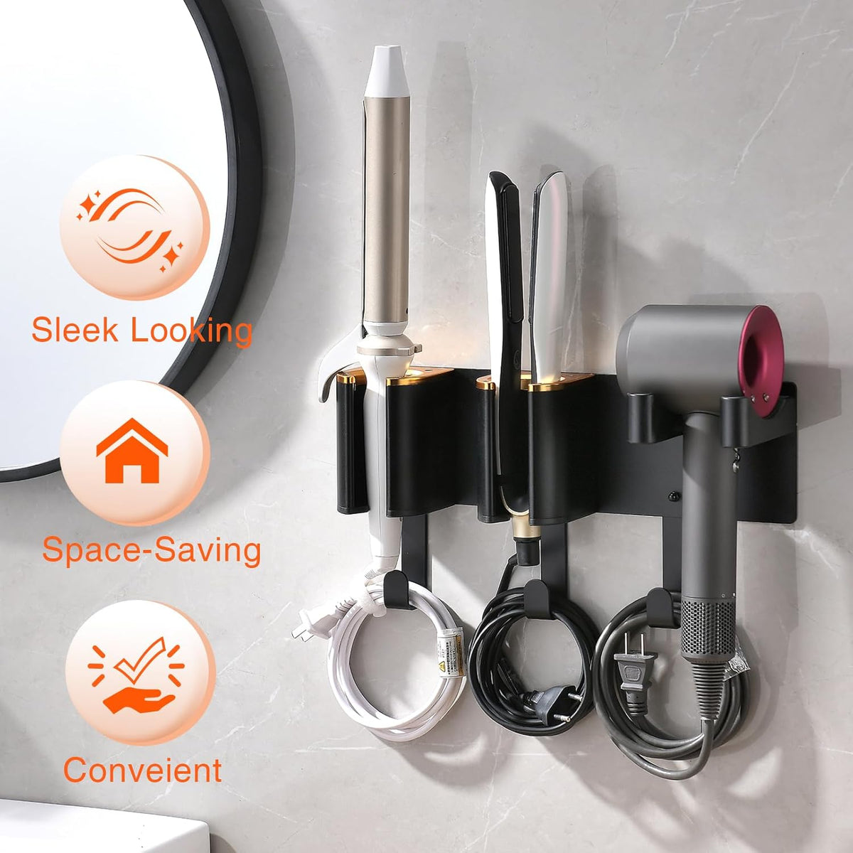 Hair Tool Organizer Wall Mount, Hair Dryer Curling iron Organizer | Hair Tools Holder with Cord Hooks, Straightener