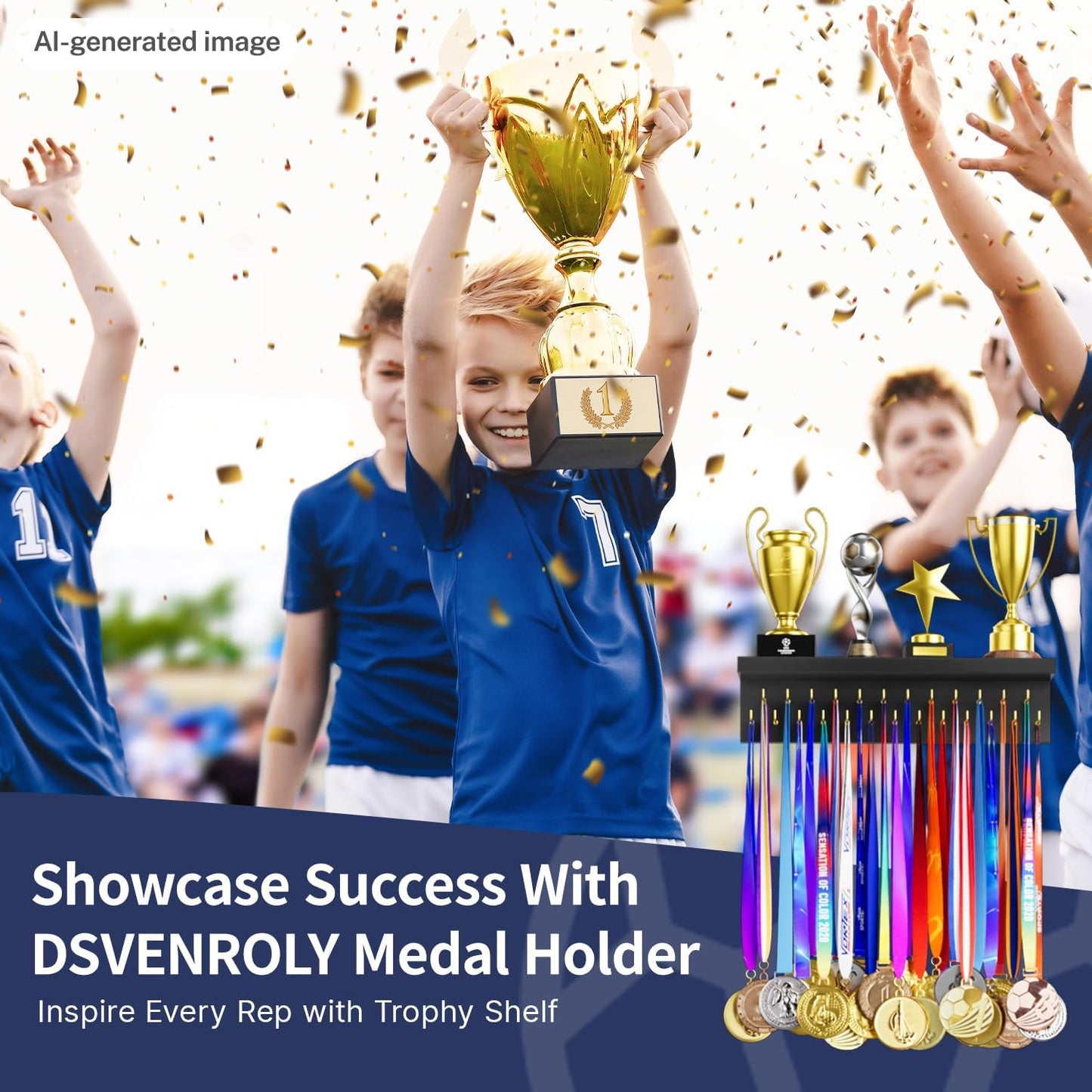 Medal Holder Display Trophy Shelf Organizer, Sturdy Wooden Race Award Hanger Rack with 25 Steel Hooks, Wall Mount